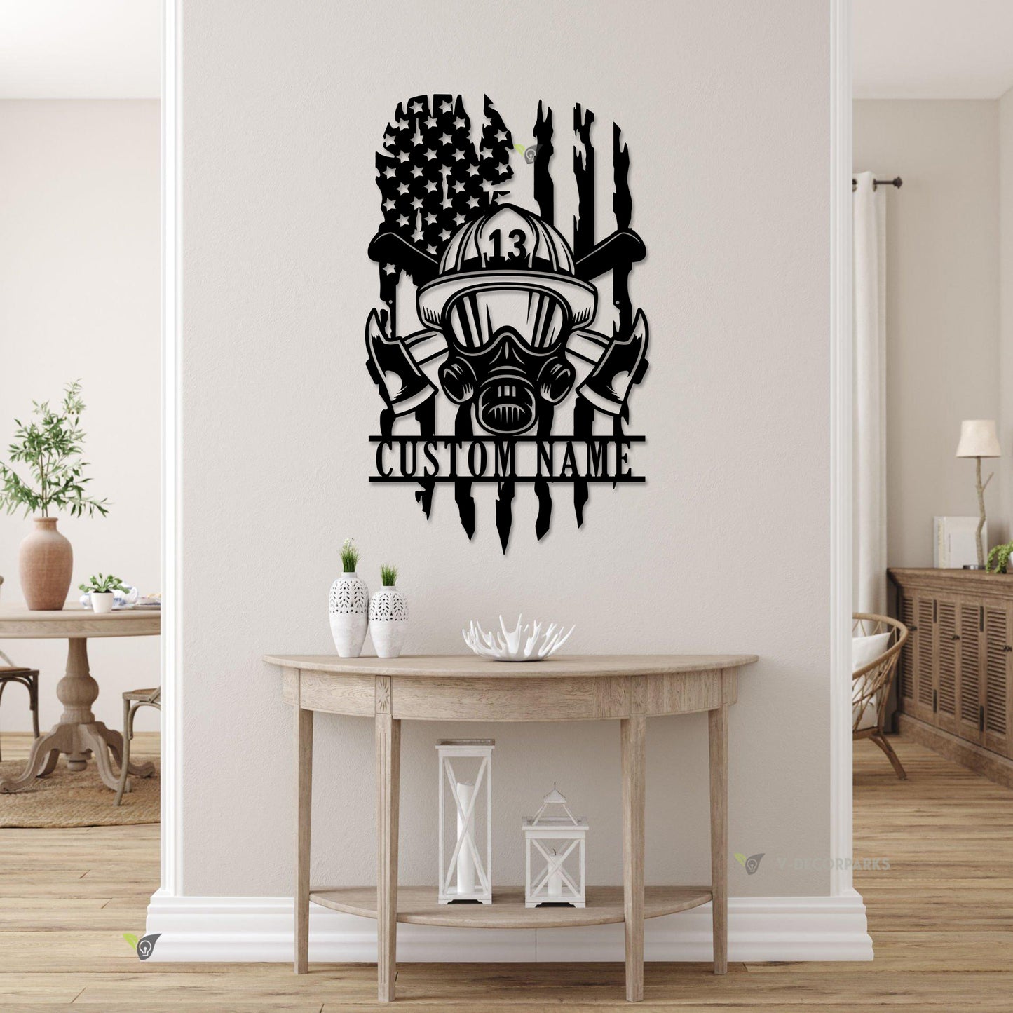 Personalized Us Flag Firefighter Helmet & Axe Metal Sign Led Lights, Custom Name Us Flag Fireman Metal Sign, Fire Department Metal Wall Art Decor
