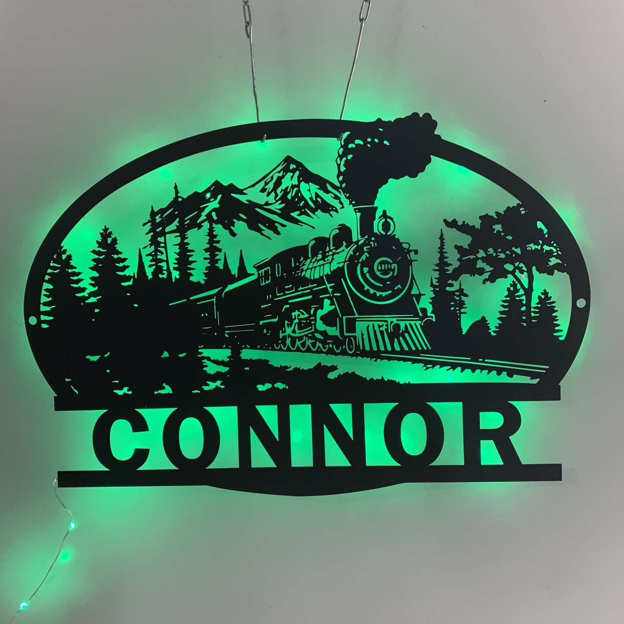 Personalized Train Railroad Metal Name Sign Led Light, Custom Mountain Railway Metal Wall Art, Man Cave Train Station Lounge Metal Wall Sign