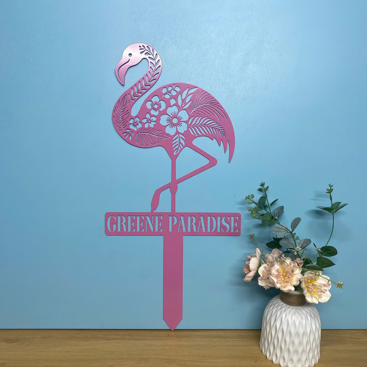 Personalized Tropical Floral Flamingo Metal Sign With Stake, Custom Flamingo Metal Pool Sign, Flamingo Beach House Metal Garden Stake Outdoor Decor