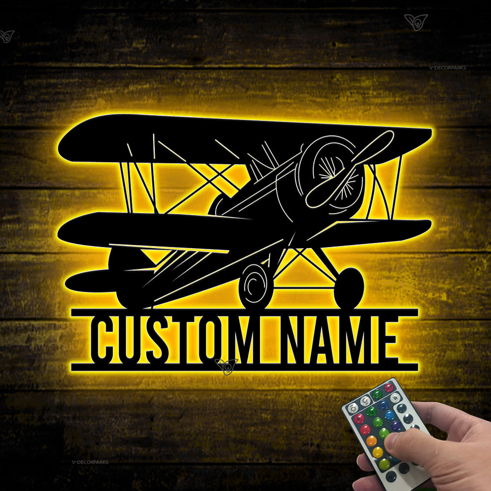 Custom Name Biplane Metal Sign With Led Lights, Personalized Airplane Pilot Name Metal Sign, Mechanic Aircraft Hangar Metal Wall Hanging Decor