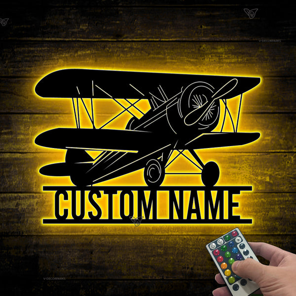 Custom Name Biplane Metal Sign With Led Lights, Personalized Airplane Pilot Name Metal Sign, Mechanic Aircraft Hangar Metal Wall Hanging Decor