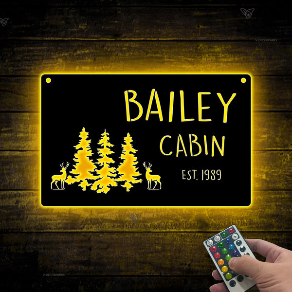 Personalized Cabin House Metal Name Sign Led Lights, Custom Pine Tree Deer Hunting Outdoor Metal Sign, Mountain Cabin House Metal Wall Art Decor