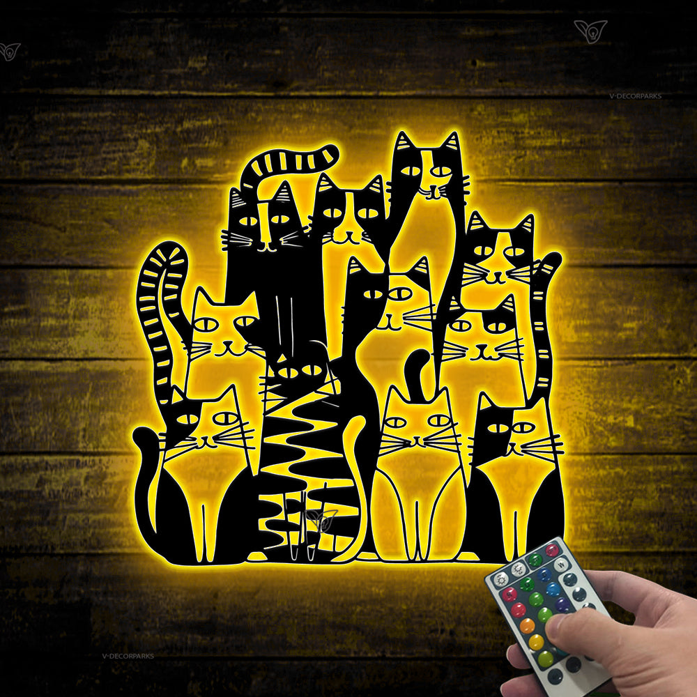 Whimsical Cats Metal Wall Art With Led Lights, Unique Feline Metal Sign For Cat Lovers, Whimsical Cat Metal Wall Hanging Housewarming Decor