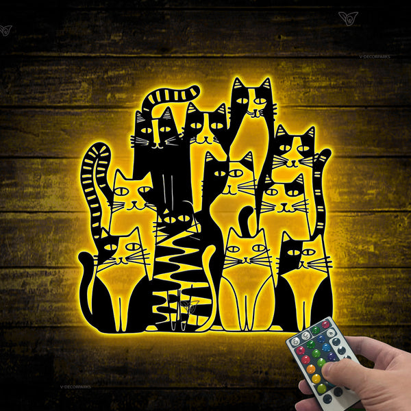 Whimsical Cats Metal Wall Art With Led Lights, Unique Feline Metal Sign For Cat Lovers, Whimsical Cat Metal Wall Hanging Housewarming Decor