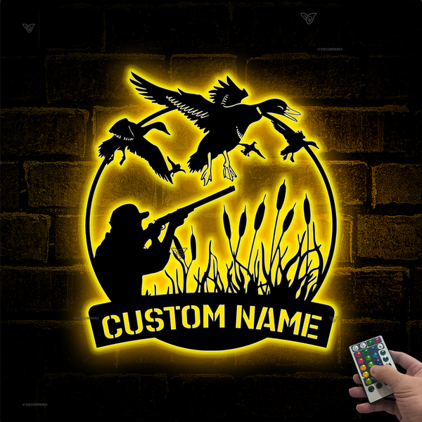 Custom Duck Hunting Metal Wall Art Led Lights, Personalized Duck Hunter Metal Name Sign Home Decor, Duck Farm Cabin Hunting Lodge Metal Sign