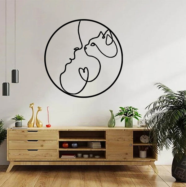 Cat And Woman Minimalist Metal Wall Art, Cat Lover Metal Line Art Home Decor, Metal Cat And Human Sign, Cat Mom Gift Metal Wall Hanging Sign