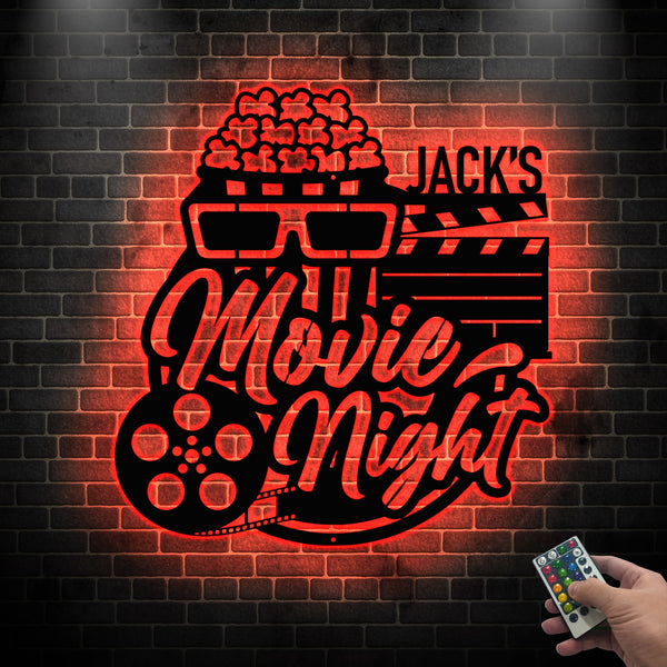 Custom Movie And Popcorn Metal Wall Art Led Lights, Personalized Family Name Cinema Home Theater Metal Sign, Movie Theatre Metal Sign Home Decor