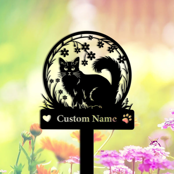 Custom Fluffy Cat With Flowers Metal Stake Garden Decor, Personalized Cat Memorial Garden Sign, Pet Metal Grave Markers, Cat Remembrance Sign