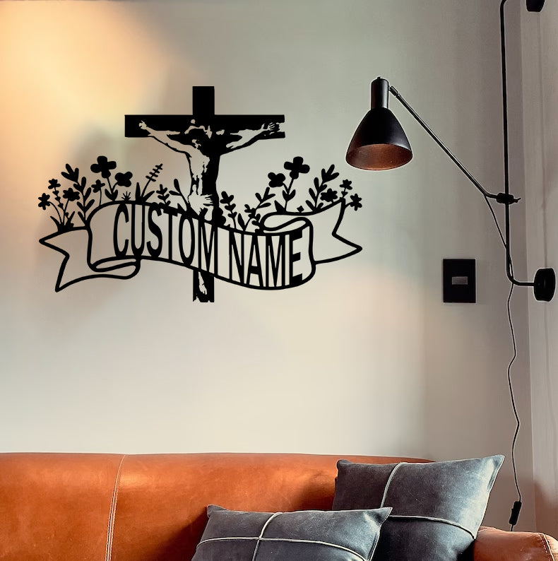 Custom Name Christian Jesus Faith Cross Metal Wall Art, Personalized Flowers Jesus And Cross Metal Sign, Religious Metal Wall Art Home Decor