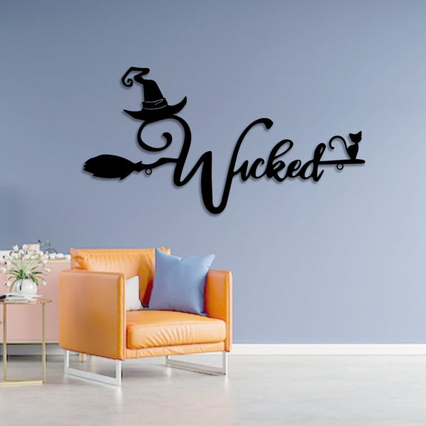 Wicked Witch With Broom Lettering Metal Wall Art, Wicked Broomstick With Witch Hat Metal Sign, Wicked Halloween Metal Wall Hanging Home Decor