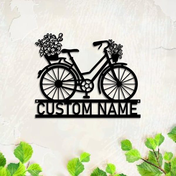 Custom Name Floral Bicycle Metal Wall Art, Personalized Bicycle With Flowers Metal Name Sign, Bicycle Flowers Metal Wall Art Living Room Decor
