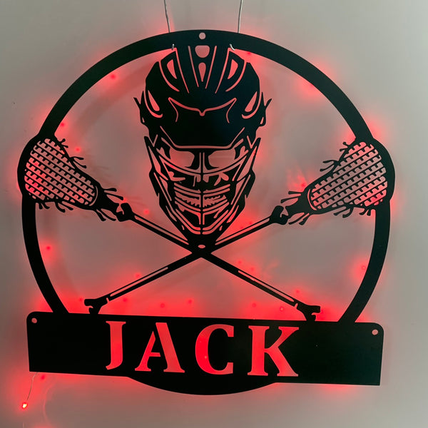Custom Lacrosse Metal Sign Led Lights, Lacrosse Sticks Helmet Metal Sign, Personalized Lacrosse Player Metal Name Sign, Lacrosse Sport Metal