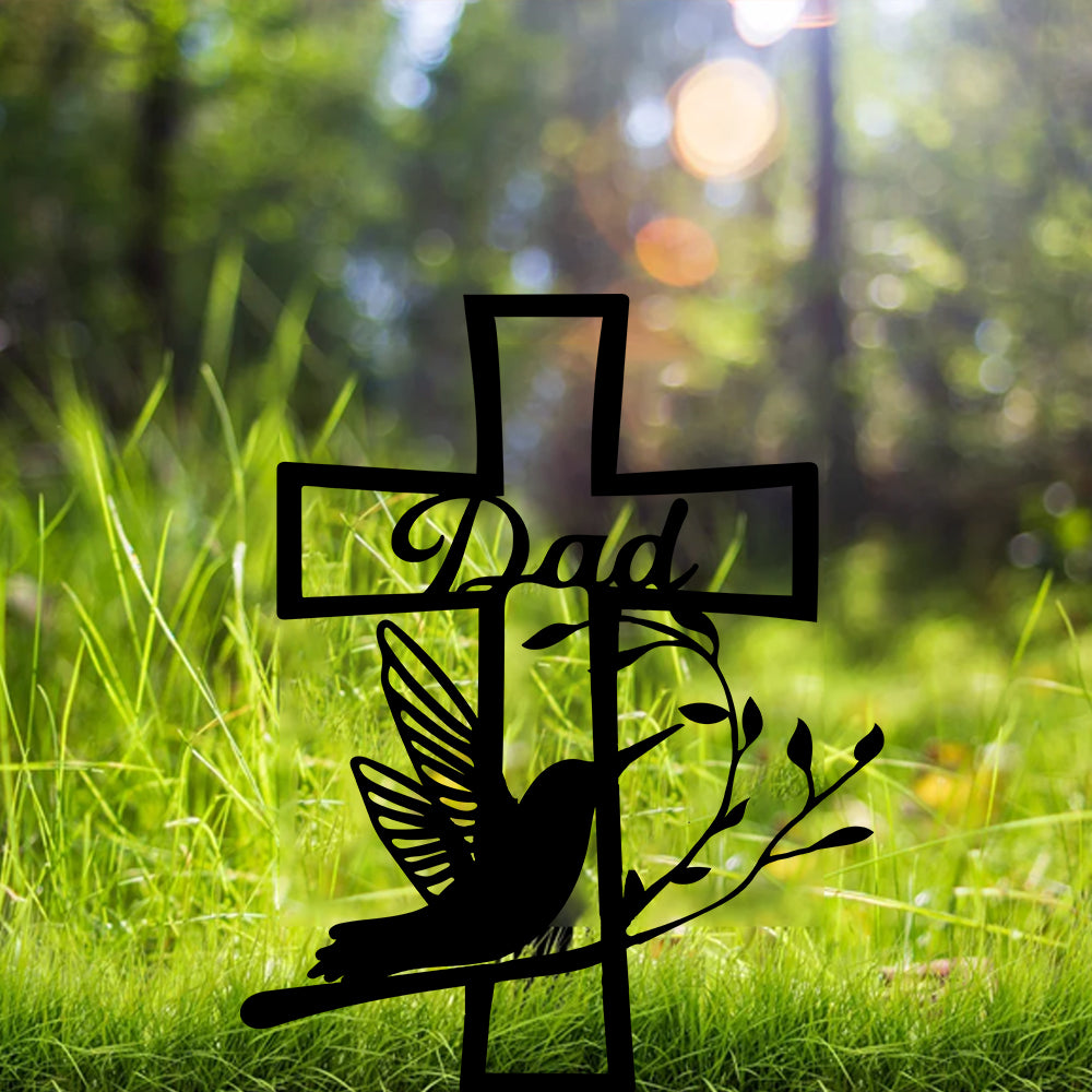 Personalized Cross Hummingbird Memorial Metal Stake, Hummingbird Cross Metal Grave Marker, Hummingbird Metal Yard Stake, Garden Sympathy Sign