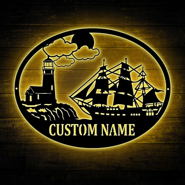 Custom Ship Lighthouse Bar Metal Wall Art Led Lights, Personalized Ship Beach House Metal Name Sign, Nautical Beach House Metal Led Sign