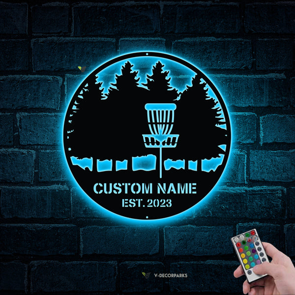 Custom Disc Golf Metal Wall Art With Led Lights, Personalized Disc Golfer Metal Name Sign, Disc Golf Sport Metal Wall Led Sign