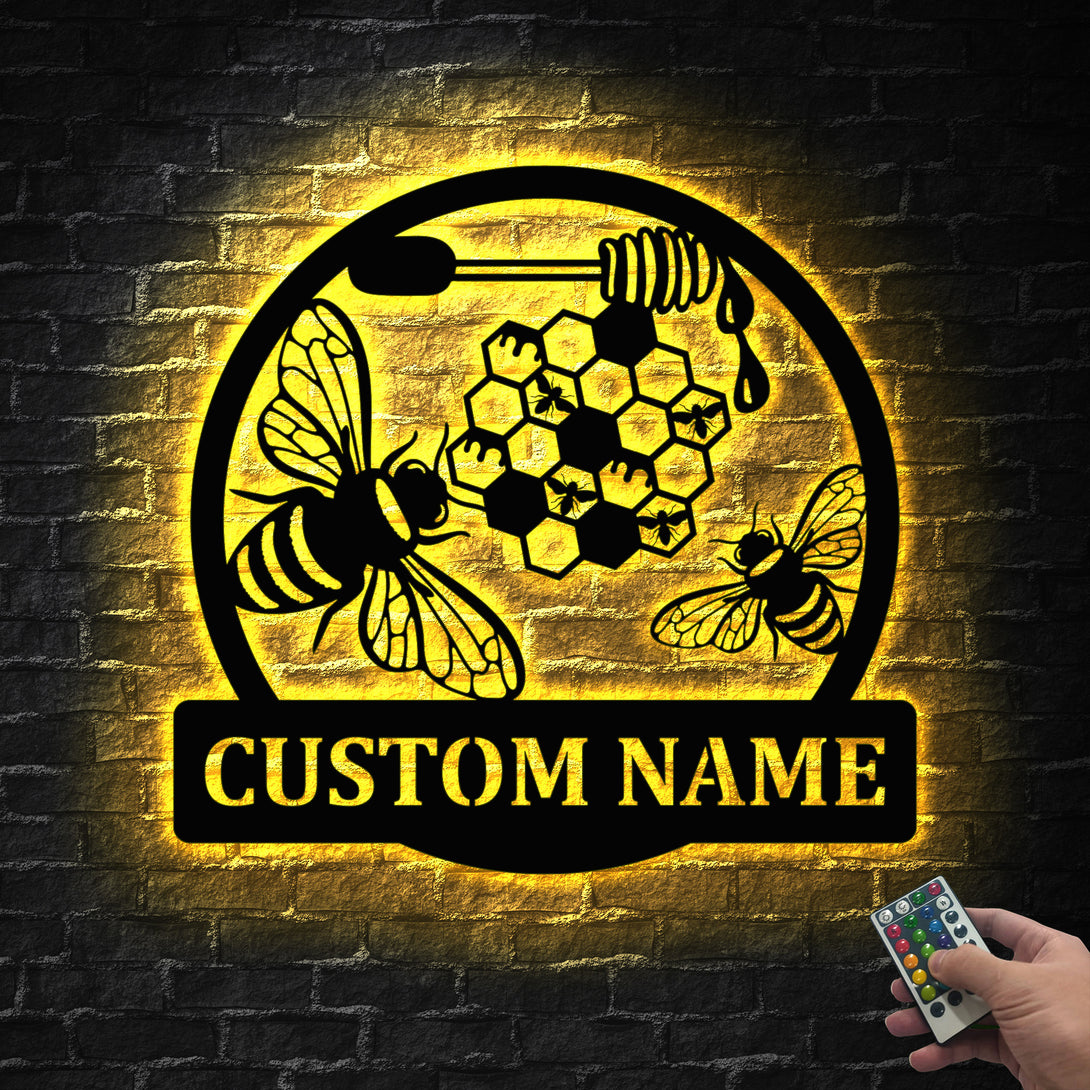 Metal Bee Sign Custom Bee Honeycombs Metal Sign With Led Lights, Personalized Honey B ...