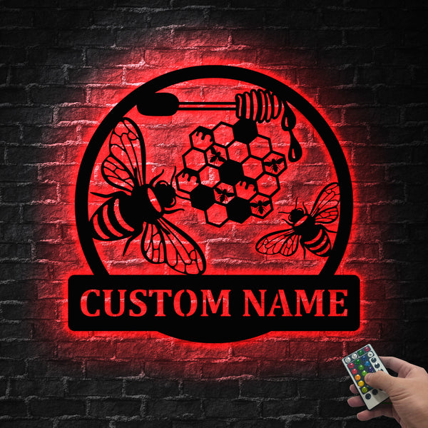 Custom Bee Honeycombs Metal Sign With Led Lights, Personalized Honey Bee Metal Sign, Bee Hive Metal Wall Decor, Bee Wall Hanging, Bee Keeper Gift