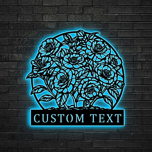 Custom Camellia Flowers Metal Wall Art With Led Lights, Personalized Elegant Camellia Flowers Metal Sign, Floral Camellia Metal Wall Sign Decor