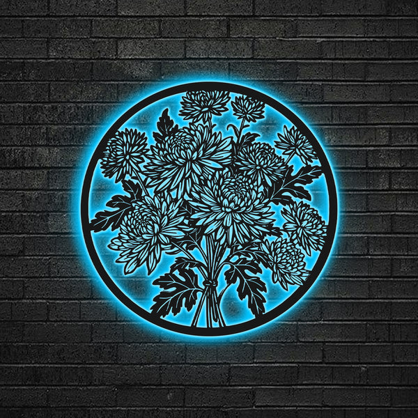 Custom Chrysanthemum Flower Metal Wall Art Led Lights, Personalized November Birth Month Name Sign Home Decor, Chrysanthemum Flowers Metal Sign