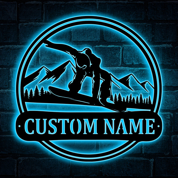 Custom Snowboarding Metal Sign With Led Lights, Personalized Name Metal Snowboarding Sign, Snowboard Player Name Sign, Winter Sport Metal Sign