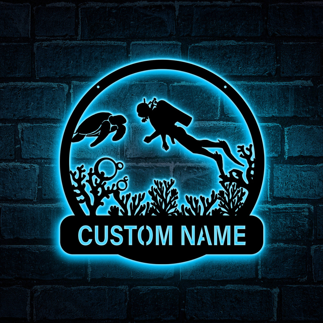 Custom Scuba Diver Metal Wall Art With Led Lights, Personalized Scuba Diver Metal Name Sign, Scuba Diving Metal Sign, Diving Under Sea Metal Sign