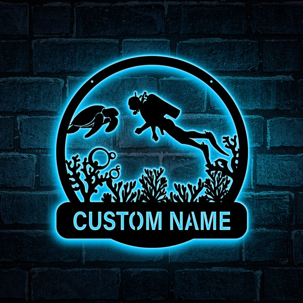 Custom Scuba Diver Metal Wall Art With Led Lights, Personalized Scuba Diver Metal Name Sign, Scuba Diving Metal Sign, Diving Under Sea Metal Sign