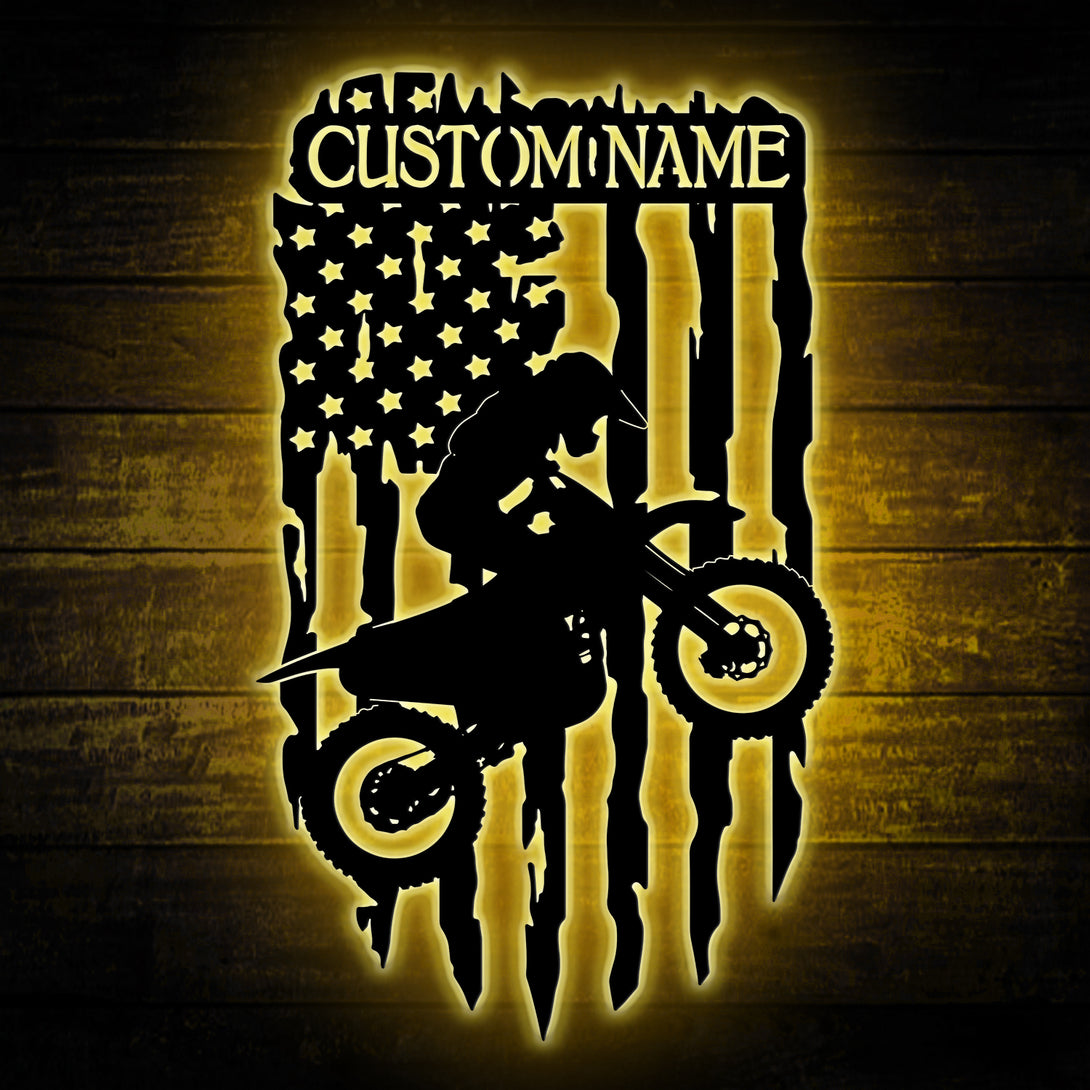 Custom Us Flag Motocross Biker Metal Wall Art Led Lights, Personalized Dirt Bike Metal Name Sign, Motorcycle Man Cave Metal Home Decor