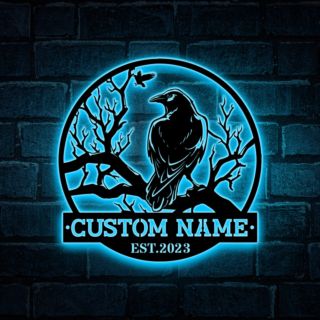 Custom Raven On Branch Metal Wall Art With Led Light, Personalized Name Black Raven Metal Sign, Metal Crow Moon Sign Halloween Decor