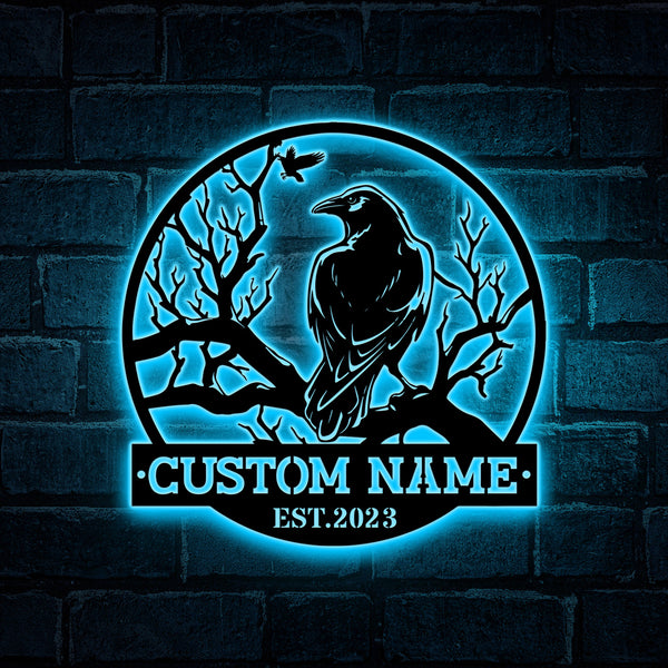 Custom Raven On Branch Metal Wall Art With Led Light, Personalized Name Black Raven Metal Sign, Metal Crow Moon Sign Halloween Decor