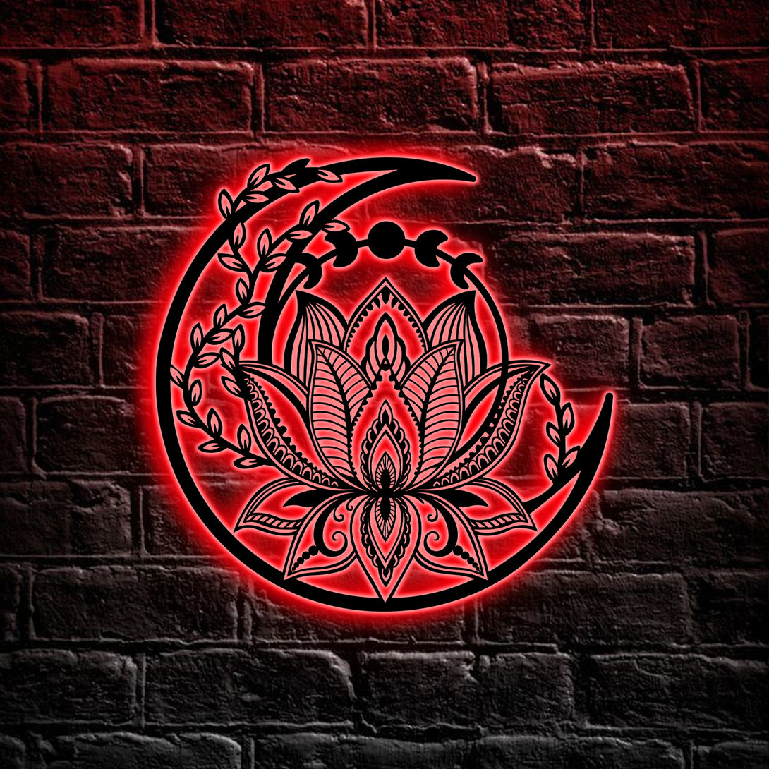 Mandala Lotus With Crescent Moon Metal Sign With Led Lights, Zentangle Lotus Flower Metal Sign, Mandala Lotus Metal Wall Art Yoga Studio Decor