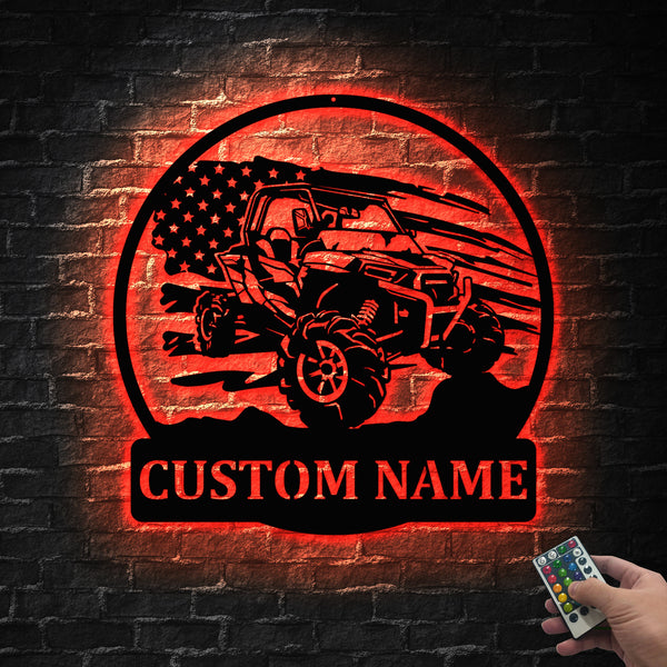 Custom Us Flag Utv Dirt Bike Metal Sign Led Lights, Personalized Utv Quad Biker Metal Wall Art, All Terrain Vehicle Utv 4 Wheels Metal Led Sign