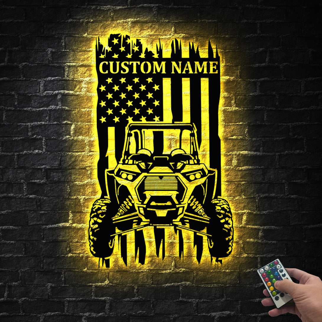 Personalized Us Flag Utv Dirt Bike Metal Sign Led Lights, Custom Utv Quad Biker Metal Wall Art, All Terrain Vehicle Utv 4 Wheels Metal Led Sign