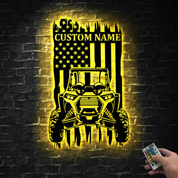 Personalized Us Flag Utv Dirt Bike Metal Sign Led Lights, Custom Utv Quad Biker Metal Wall Art, All Terrain Vehicle Utv 4 Wheels Metal Led Sign