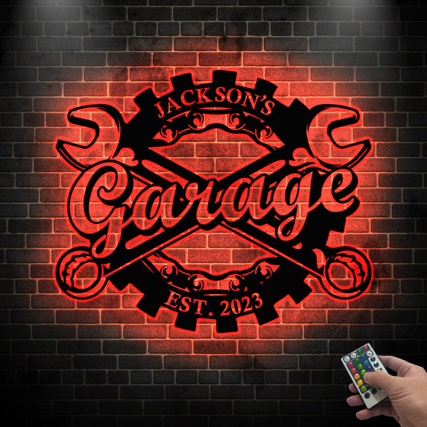 Custom Name Gear Garage Metal Sign With Led Lights, Personalized Mechanic Tools Metal Garage Sign, Mechanic Workshop Garage Metal Wall Art