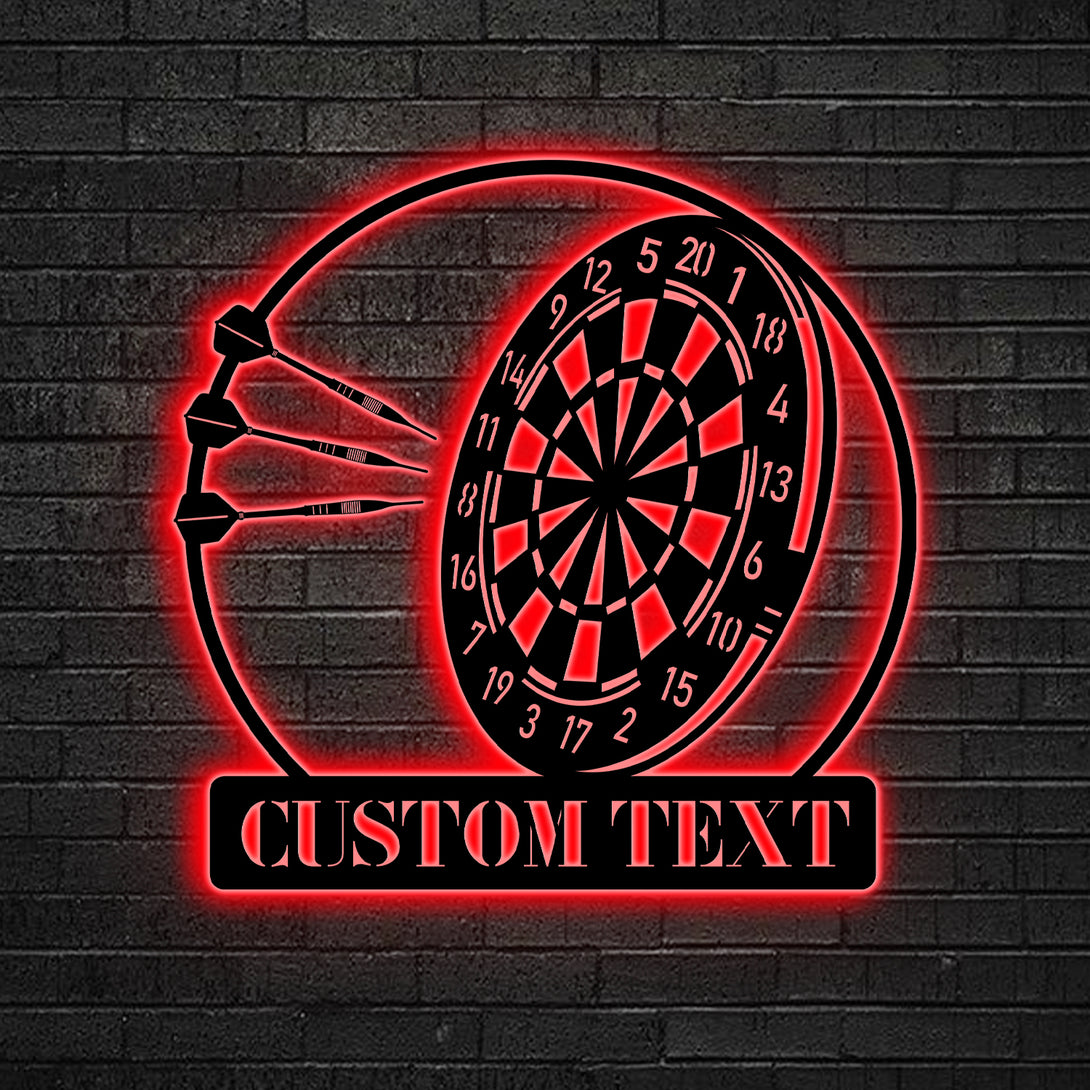 Custom Text Dartboard Metal Wall Art Led Lights, Personalized Darts Game Player Metal Name Sign, Dartboard Game Zone Metal Sign Mancave Decor