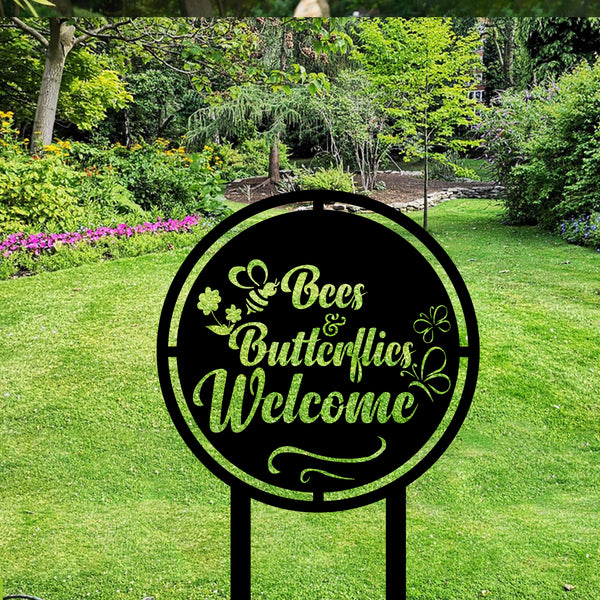 Bees And Butterfiles Metal Welcome Sign With Stakes, Bees And Butterfiles Garden Metal Yard Stake, Metal Garden Patio Lawn Outdoor Decor