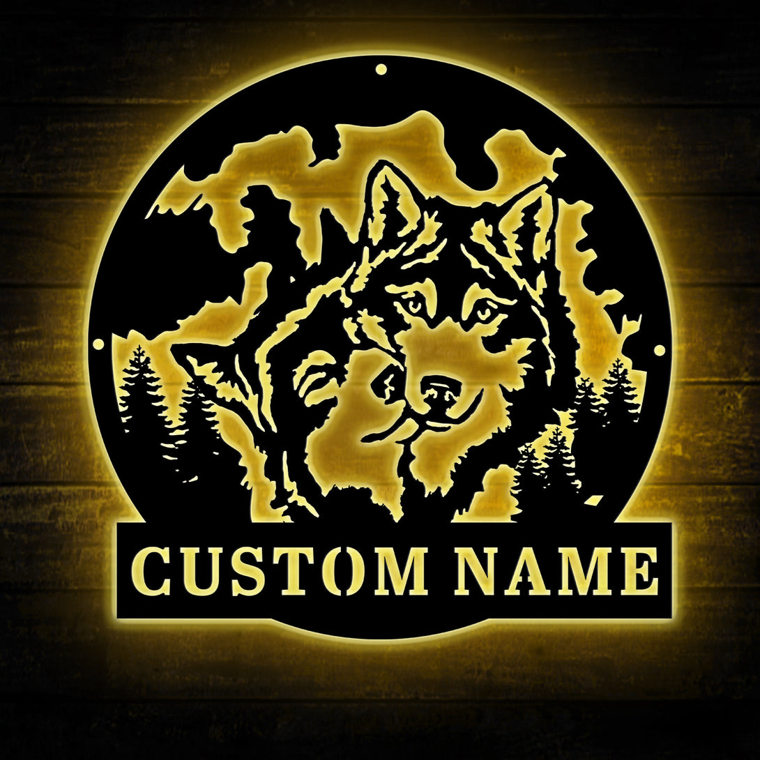 Custom Couple Wolves Metal Wall Art With Led Lights, Personalized Wolves Metal Name Sign, Mountain Wolf Metal Led Sign Home Decor