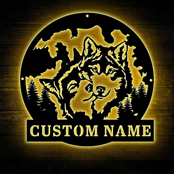 Custom Couple Wolves Metal Wall Art With Led Lights, Personalized Wolves Metal Name Sign, Mountain Wolf Metal Led Sign Home Decor