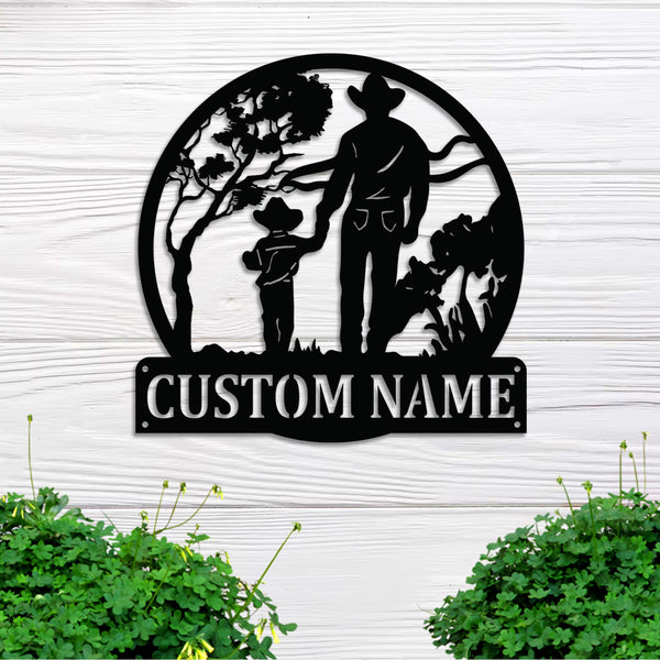 Personalized Cowboy And Son Metal Wall Art, Custom Dad And Son Cowboy Metal Name Sign, Western Cowboy Metal Wall Hanging