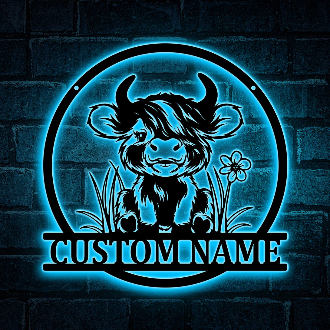 Custom Baby Highland Cow Metal Wall Art With Led Lights, Personalized Highland Cow Metal Name Sign Home Decor, Baby Cow Metal Wall Hanging Sign