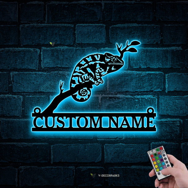 Custom Chameleon Metal Wall Art With Led Lights, Personalized Chameleon Metal Name Sign, Chameleon On Branch Metal Led Sign Home Decor