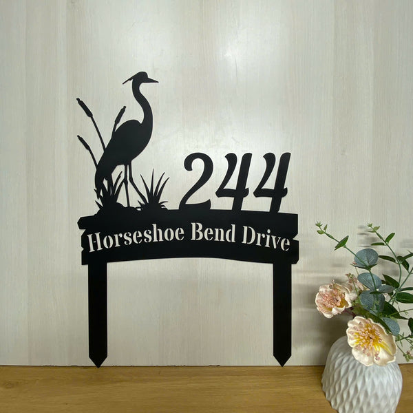 Personalized Heron Cattails Address Metal Stake, Custom Address Number Metal Yard Sign, Lawn Address Metal Sign, Address House Number Metal Stake