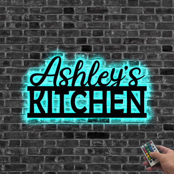 Custom Name Metal Kitchen Sign With Led Lights, Personalized Mom's Kitchen Metal Wall Art, Custom Name Sign Metal Home Kitchen Decor