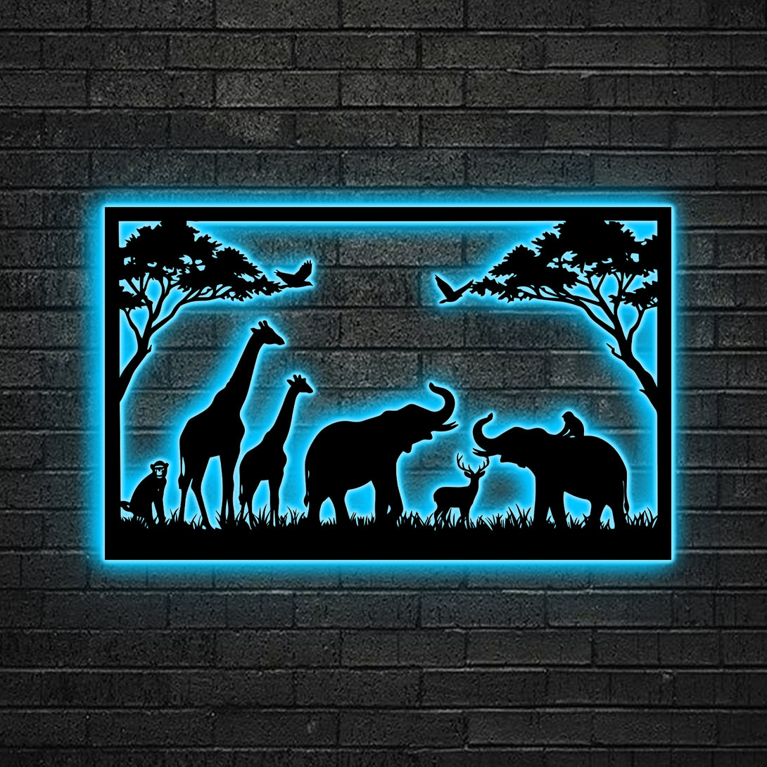 Wildlife Safari Metal Wall Art With Led Lights, African Safari Nature Scene Metal Wall Sign, Wildlife African Animal Metal Wall Hanging Home Decor
