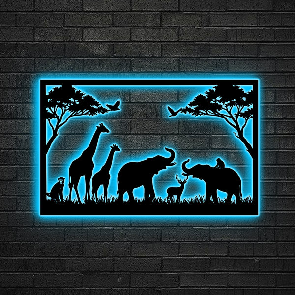 Wildlife Safari Metal Wall Art With Led Lights, African Safari Nature Scene Metal Wall Sign, Wildlife African Animal Metal Wall Hanging Home Decor