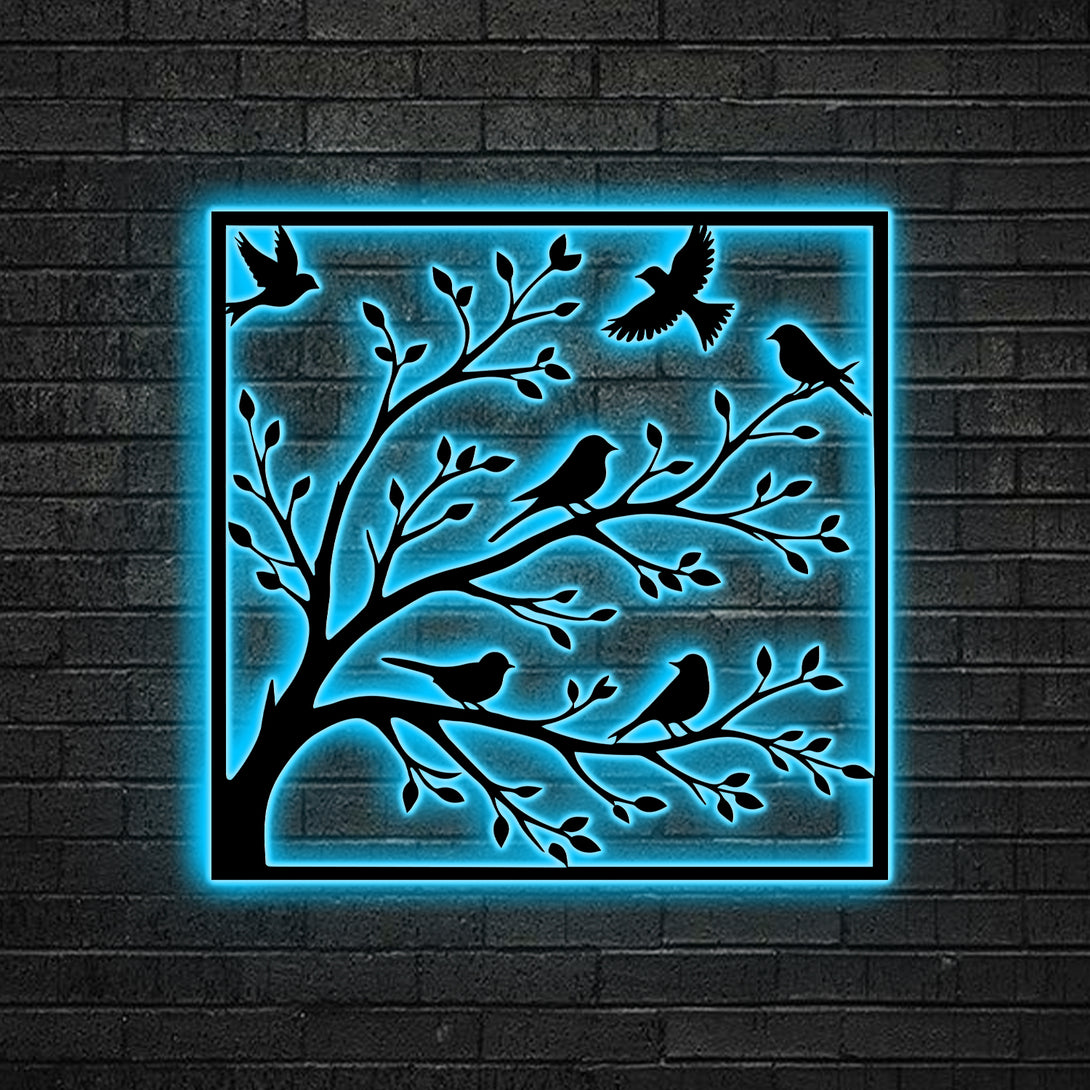 Birds On Branch Metal Wall Art With Led Lights, Minimalist Tree With Birds Metal Art, Birds On Tree Metal Home Decor, Birds Metal Garden Art Decor