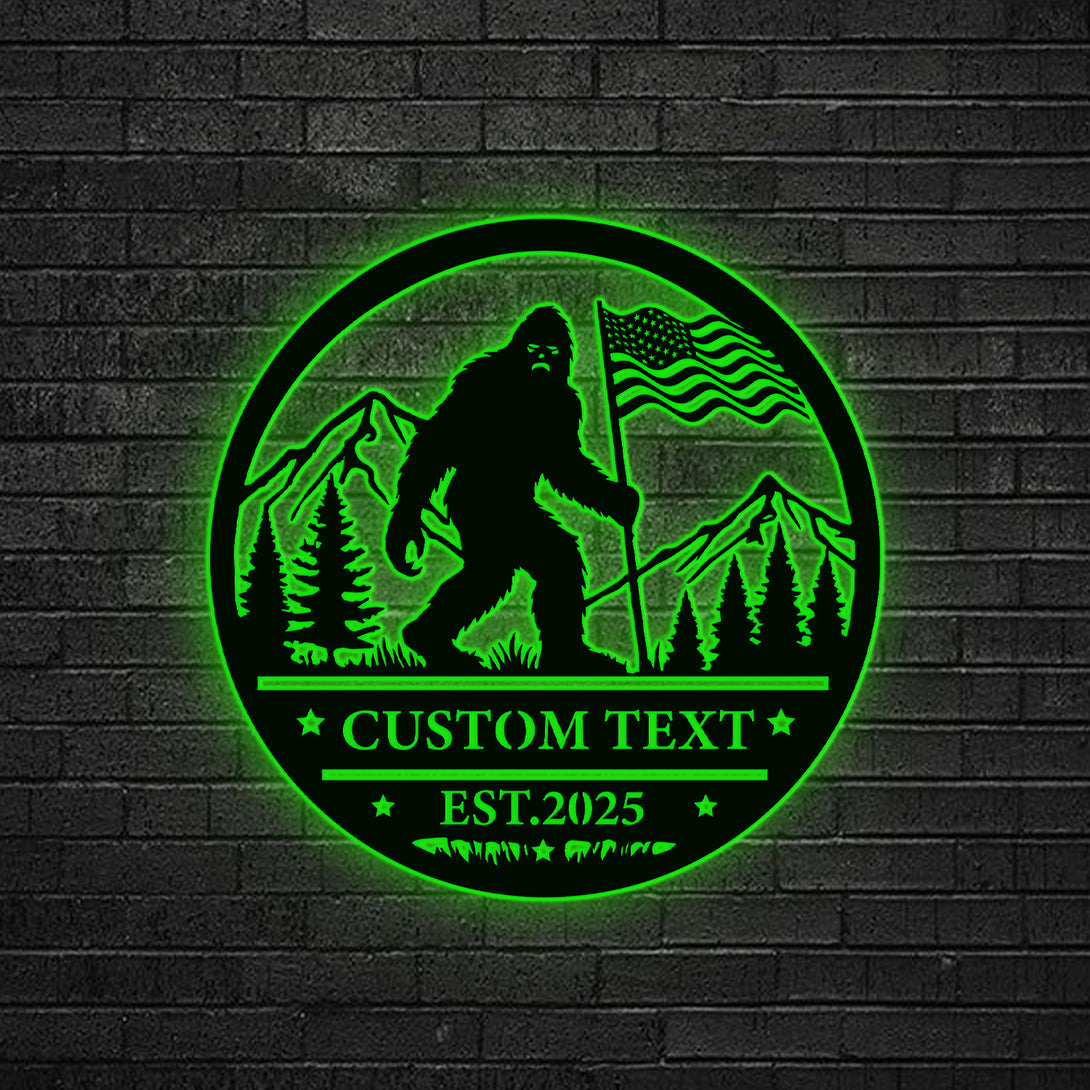 Custom Bigfoot Us Flag Metal Wall Art With Led Lights, Personalized Yeti Bigfoot Metal Name Sign, Bigfoot Mountain Scene Metal Wall Hanging Decor