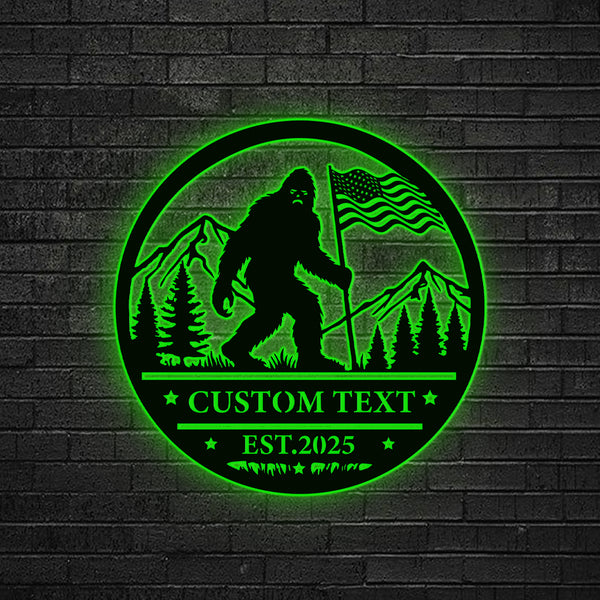 Custom Bigfoot Us Flag Metal Wall Art With Led Lights, Personalized Yeti Bigfoot Metal Name Sign, Bigfoot Mountain Scene Metal Wall Hanging Decor