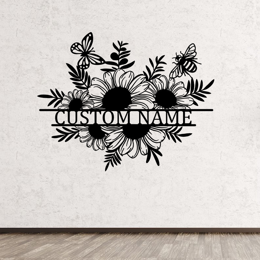Custom Name Bee Butterfly Sunflower Metal Wall Art, Personalized Sunflower Monogram Metal Name Sign, Sunflowers Garden Metal Sign Home Decor