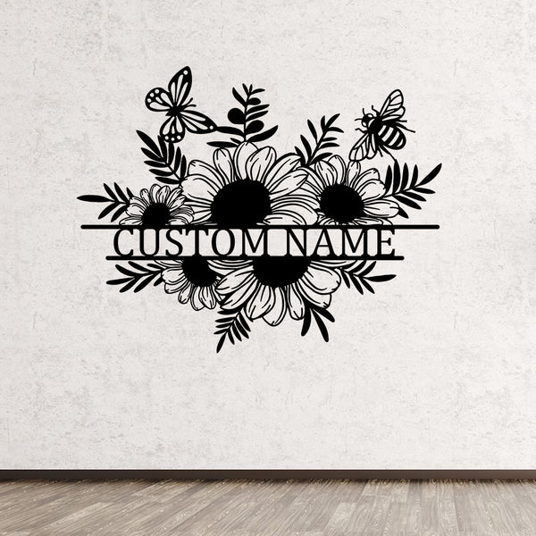 Custom Name Bee Butterfly Sunflower Metal Wall Art, Personalized Sunflower Monogram Metal Name Sign, Sunflowers Garden Metal Sign Home Decor